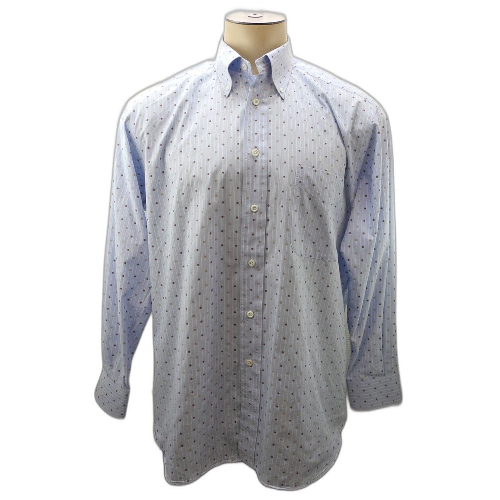 Ike Behar New York Blue White Stripes Brown Tan Dots Cotton Shirt - Men's 16 33